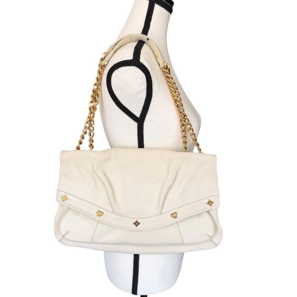 MCM White Pebbled Leather Flap Bag Gold Chain Shoulder Purse Kiss Lock - Picture 2 of 12